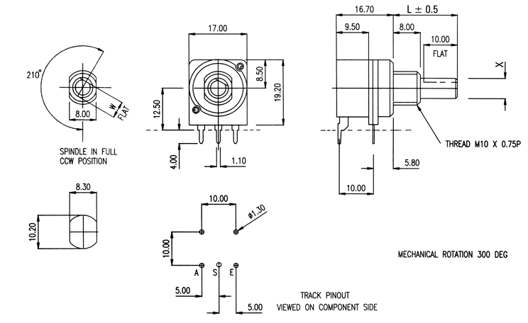 HR switch potentiometer dimensions